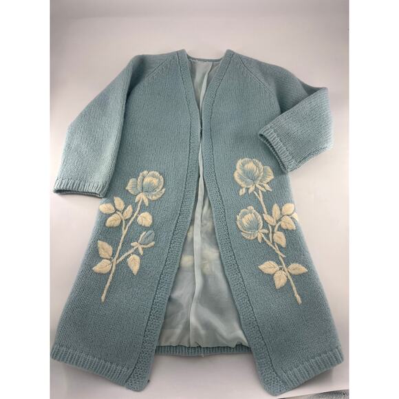 Vintage Wool Sweater Womens Small Light Blue White Floral...